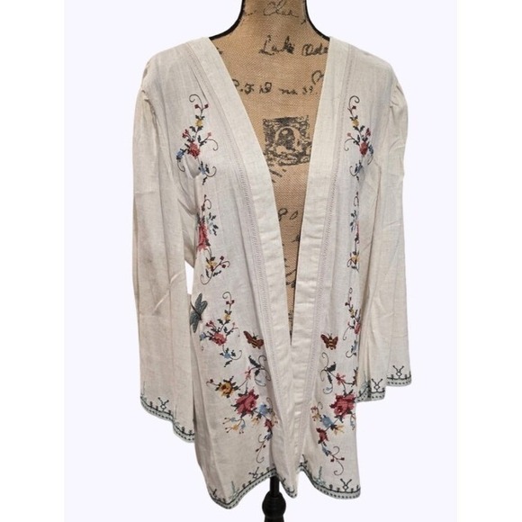 Solitaire Tops - Solitaire Cream Linen Blend Embroidered Floral Butterfly Kimono Cardigan plus 2X